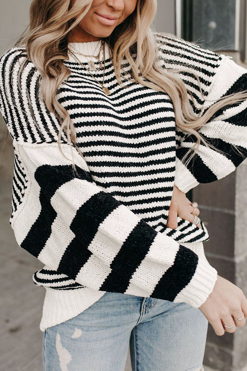 Striped Drop Shoulder Bishop Sleeve Knit Sweater