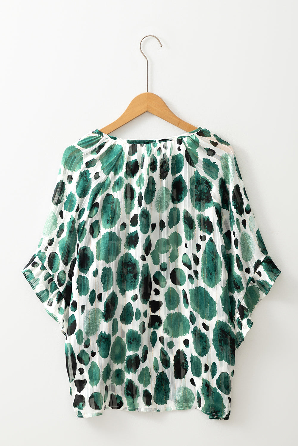 Metallic Threading Accents Pleated Abstract Printed Ruffled 3/4 Sleeve Blouse