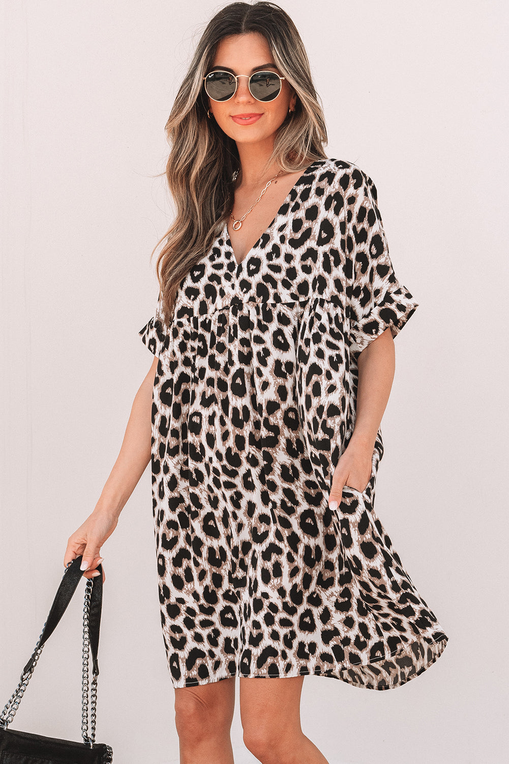 Cheetah Print Backless V Neck Loose Fit Mini Dress