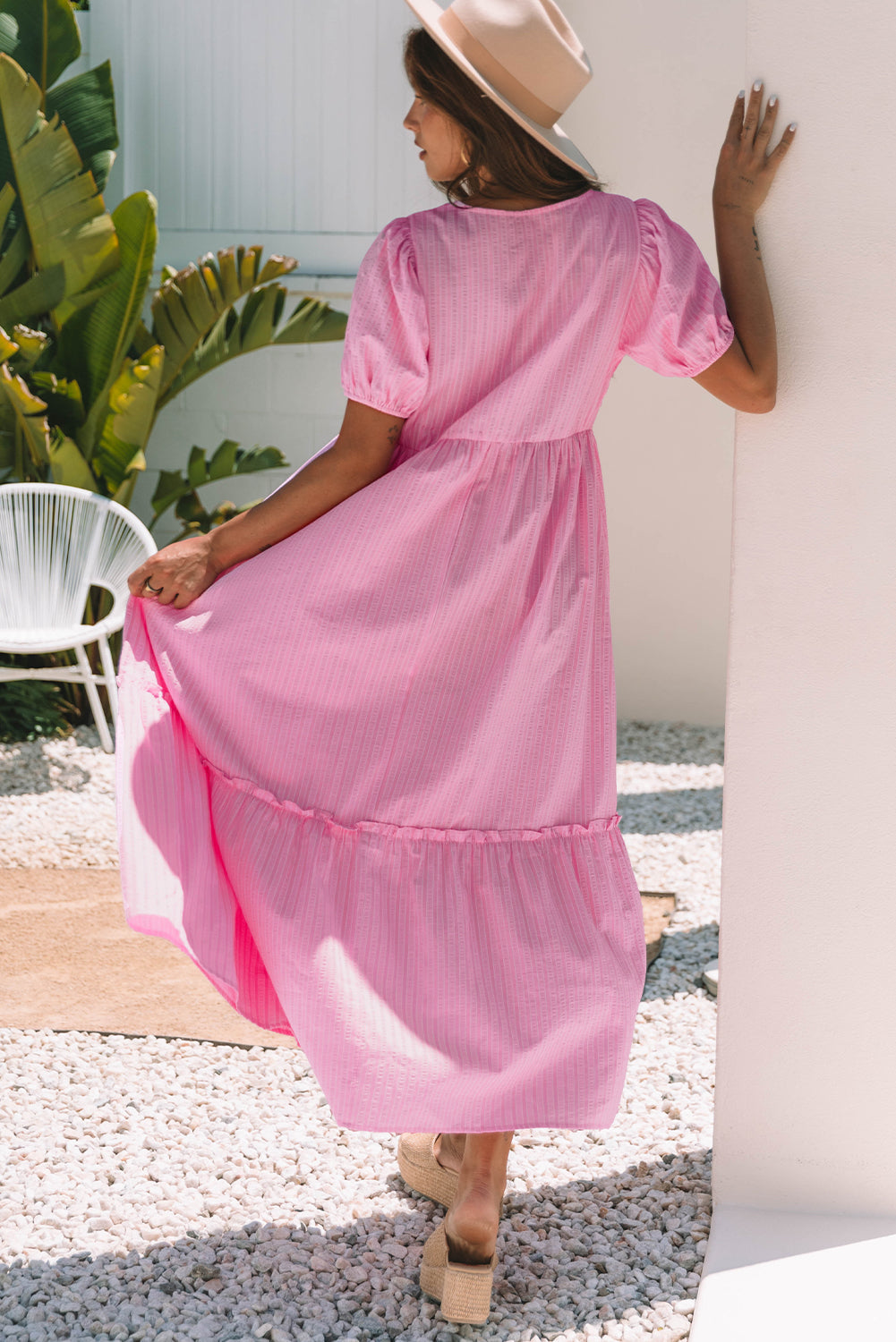 Stripe V Neck Puff Short Sleeve Maxi Dress