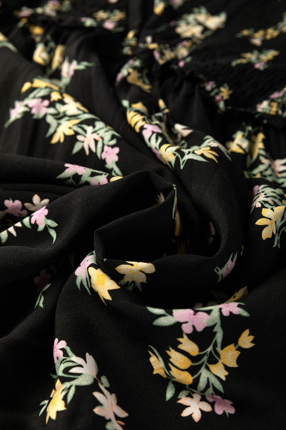 Floral Spaghetti Strap Shirred Bodice Tied Empire Waist Maxi Dress