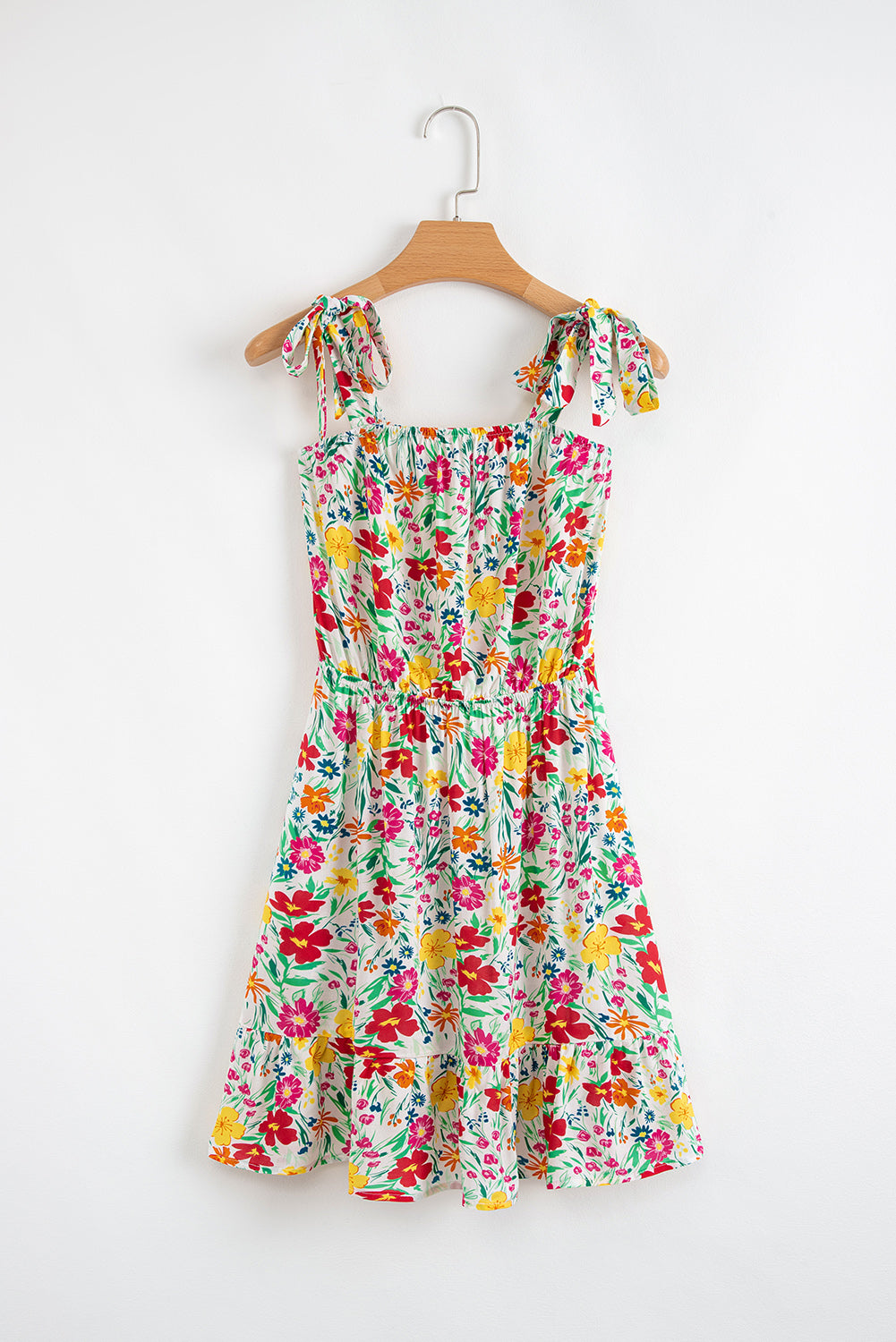 Floral Knotted Straps Cinched Waist Ruffle Hem Mini Dress