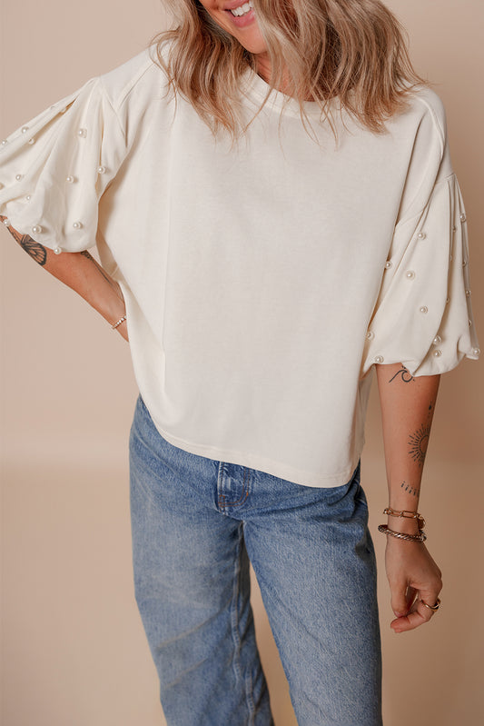 Pearled Puff Sleeve Round Neck Loose Top