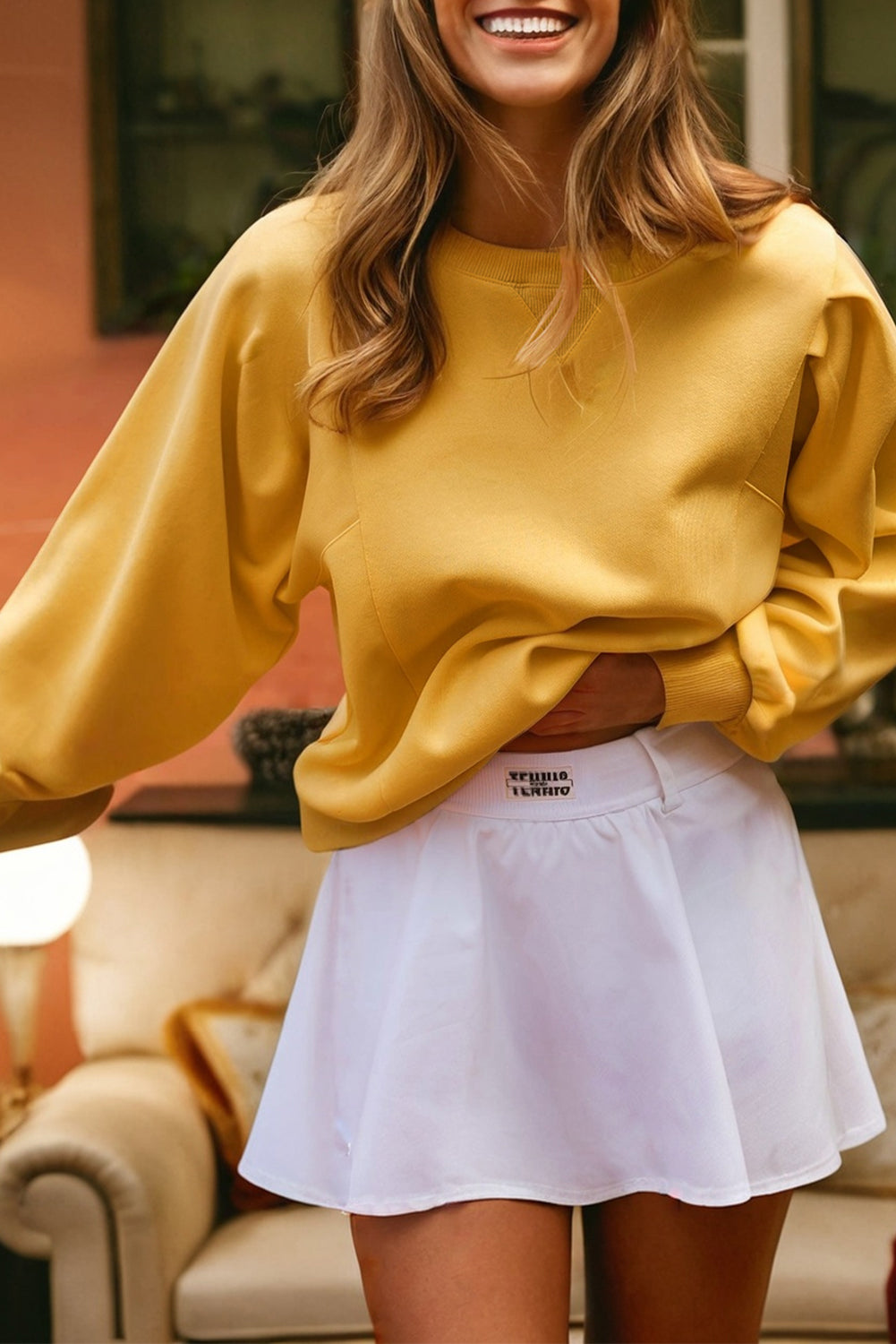 Pleated Balloon Sleeve Pullover Solid Sweatshirt