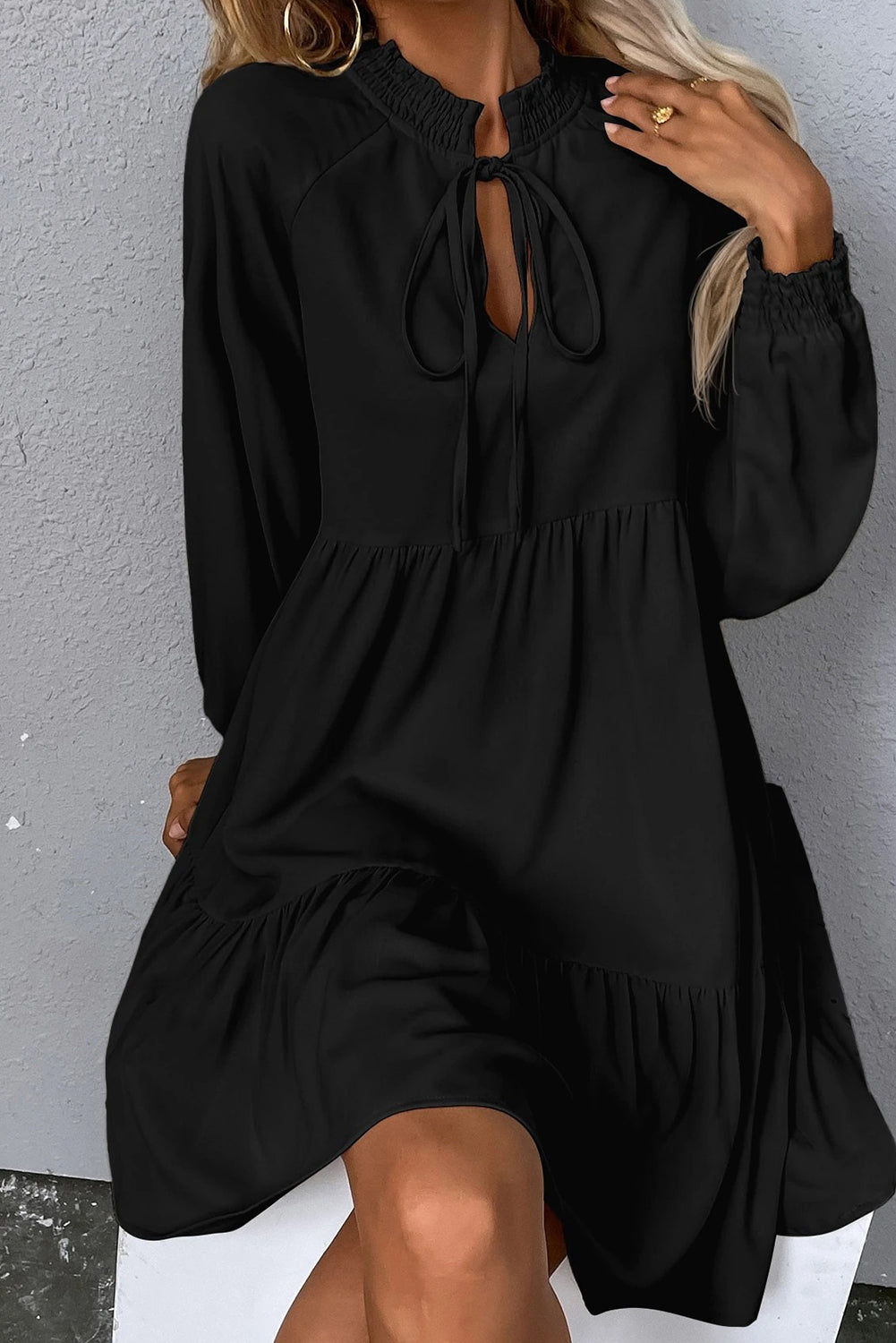 Tie Split Neck Smocked Detail Long Puff Sleeve Ruffle Hem Loose Dress