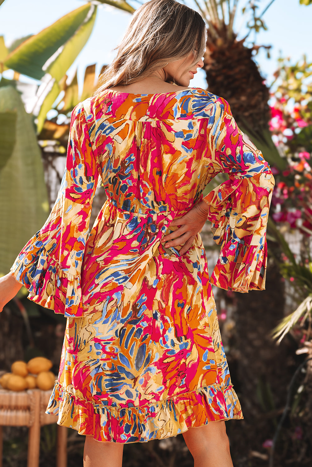 Print Flared Sleeve Ruffled Hem Tunic High Waist Flowy Dress