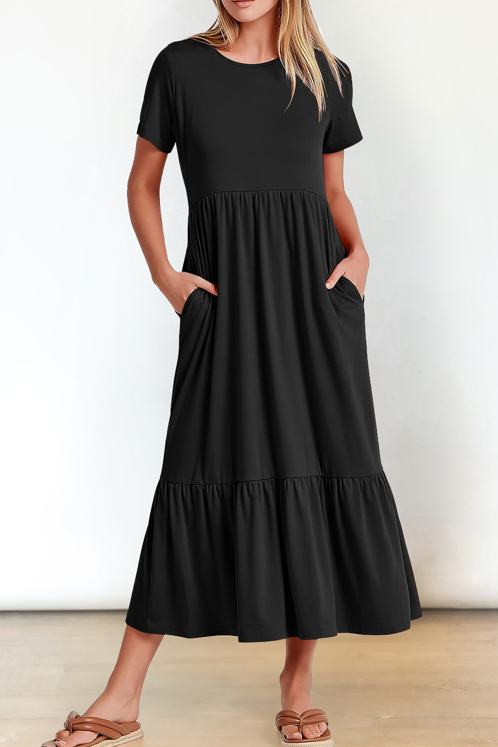 Solid Color T-shirt High Waist Pocketed Long Dress
