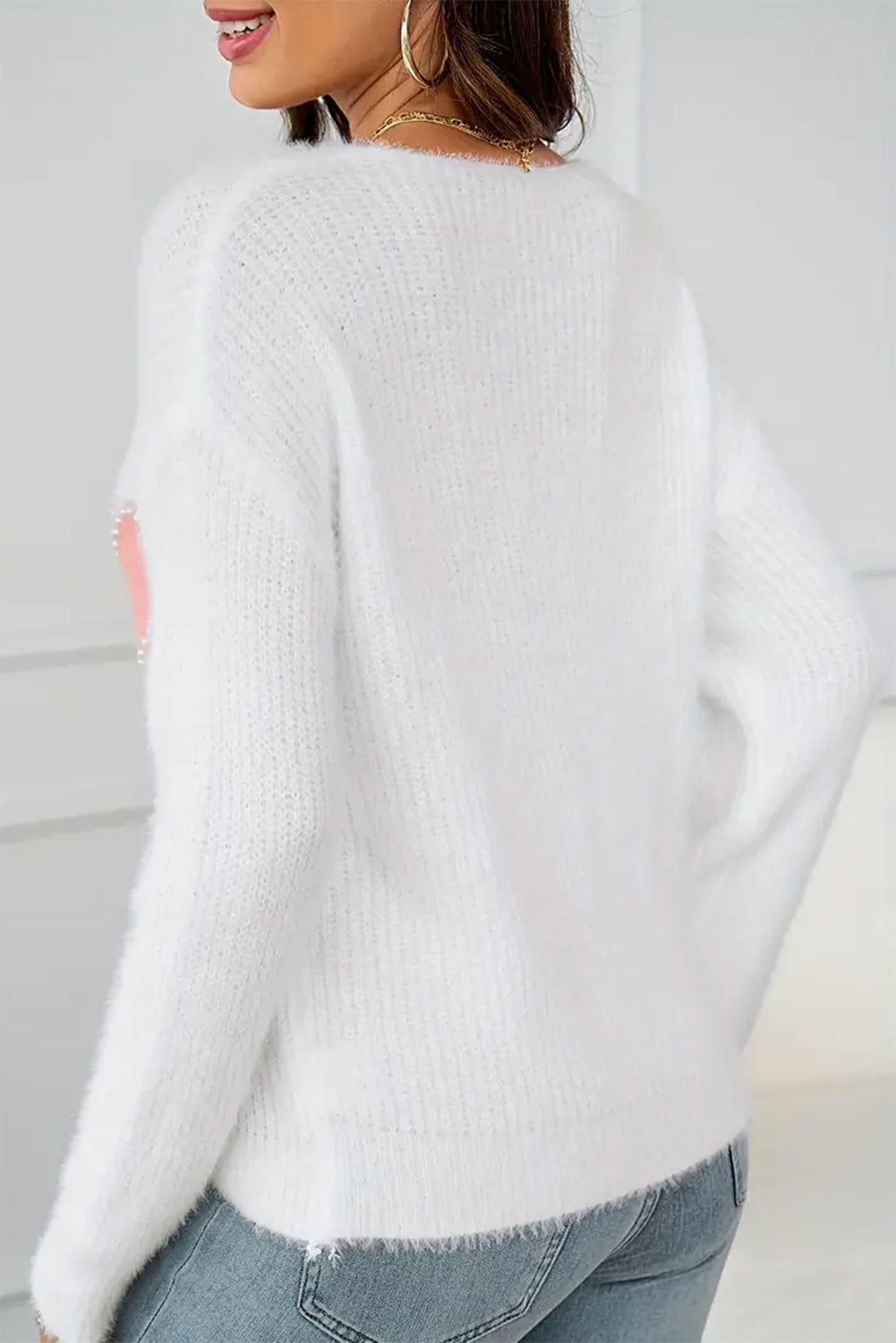 Pearl Beaded Heart Pattern Fuzzy V Neck Sweater