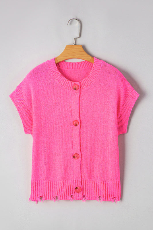Distressed Hem Short Sleeve Knitted Button Front Sweater