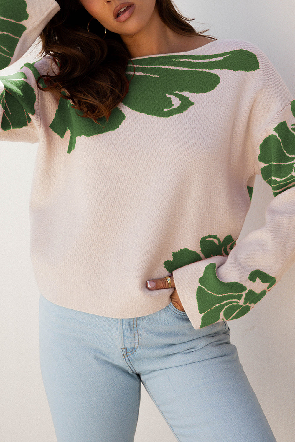 Bold Flower Pattern Wide Sleeve Baggy Sweater