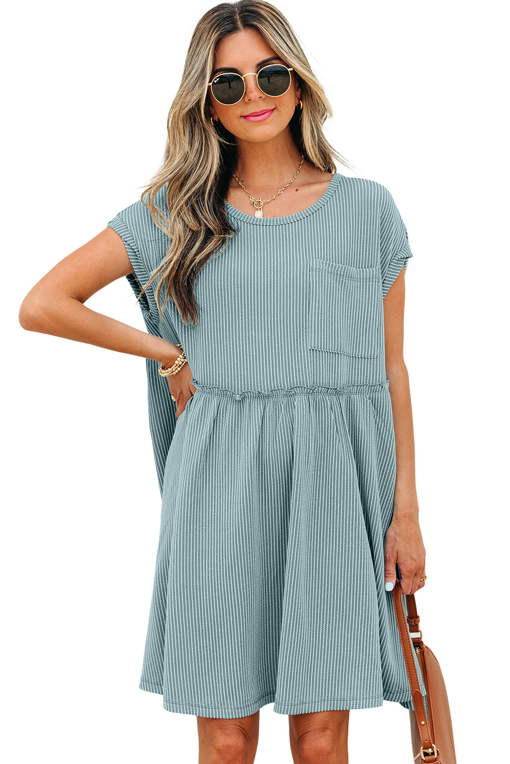 Corded Knit Textured Patched Pocket Frilled Swing Mini Dress with Pockets