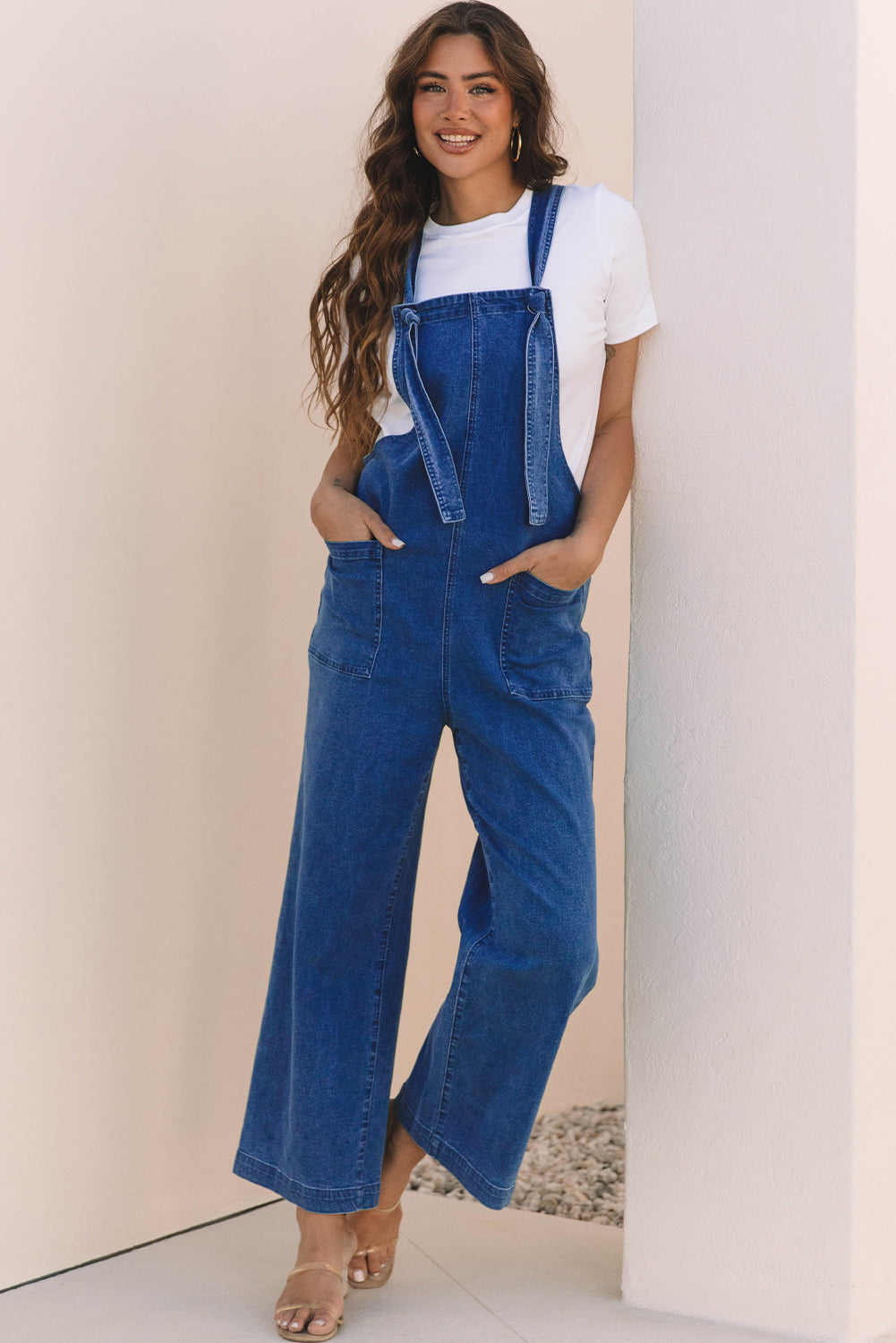 Mineral Wash Knotted Strap Patched Pocket Wide Leg Denim Overalls