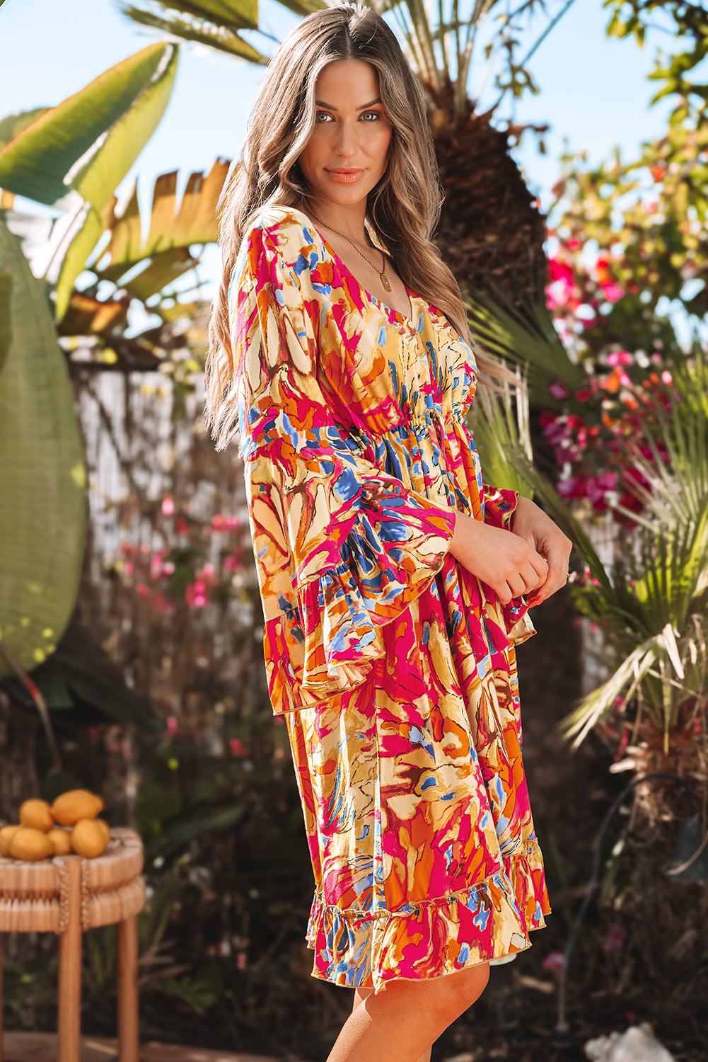 Print Flared Sleeve Ruffled Hem Tunic High Waist Flowy Dress