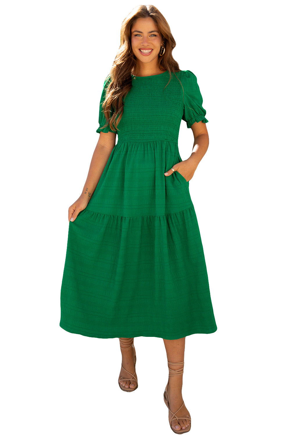 Solid Textured Smocked Puff Short Sleeve High Waist Long Dress