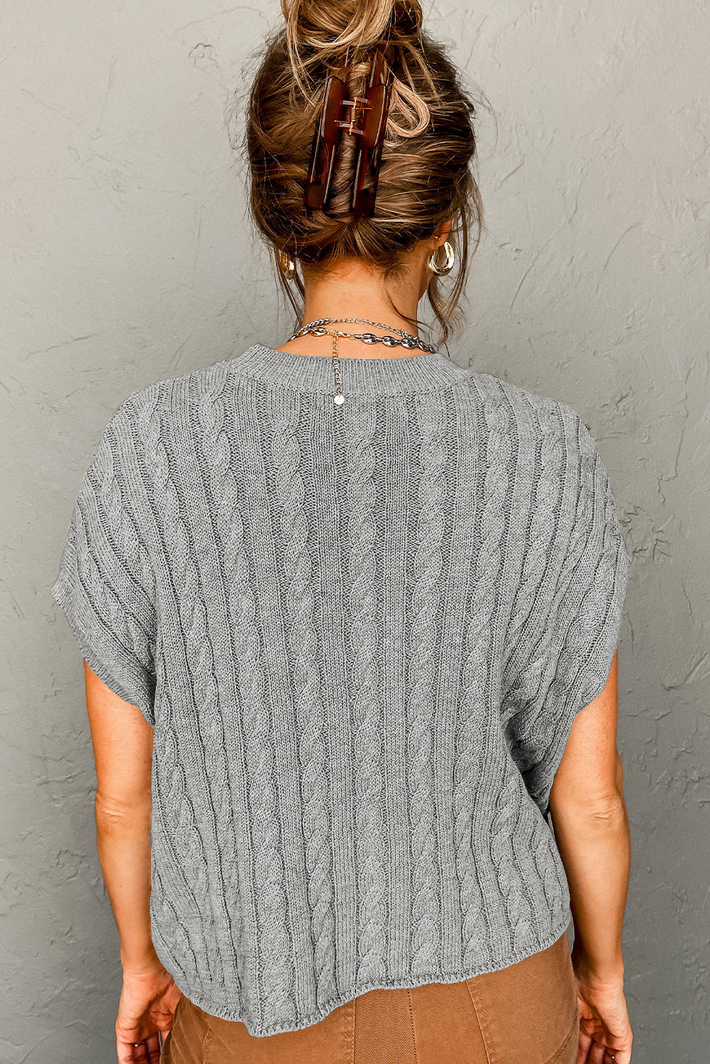 Crew Neck Cable Knit Short Sleeve Sweater