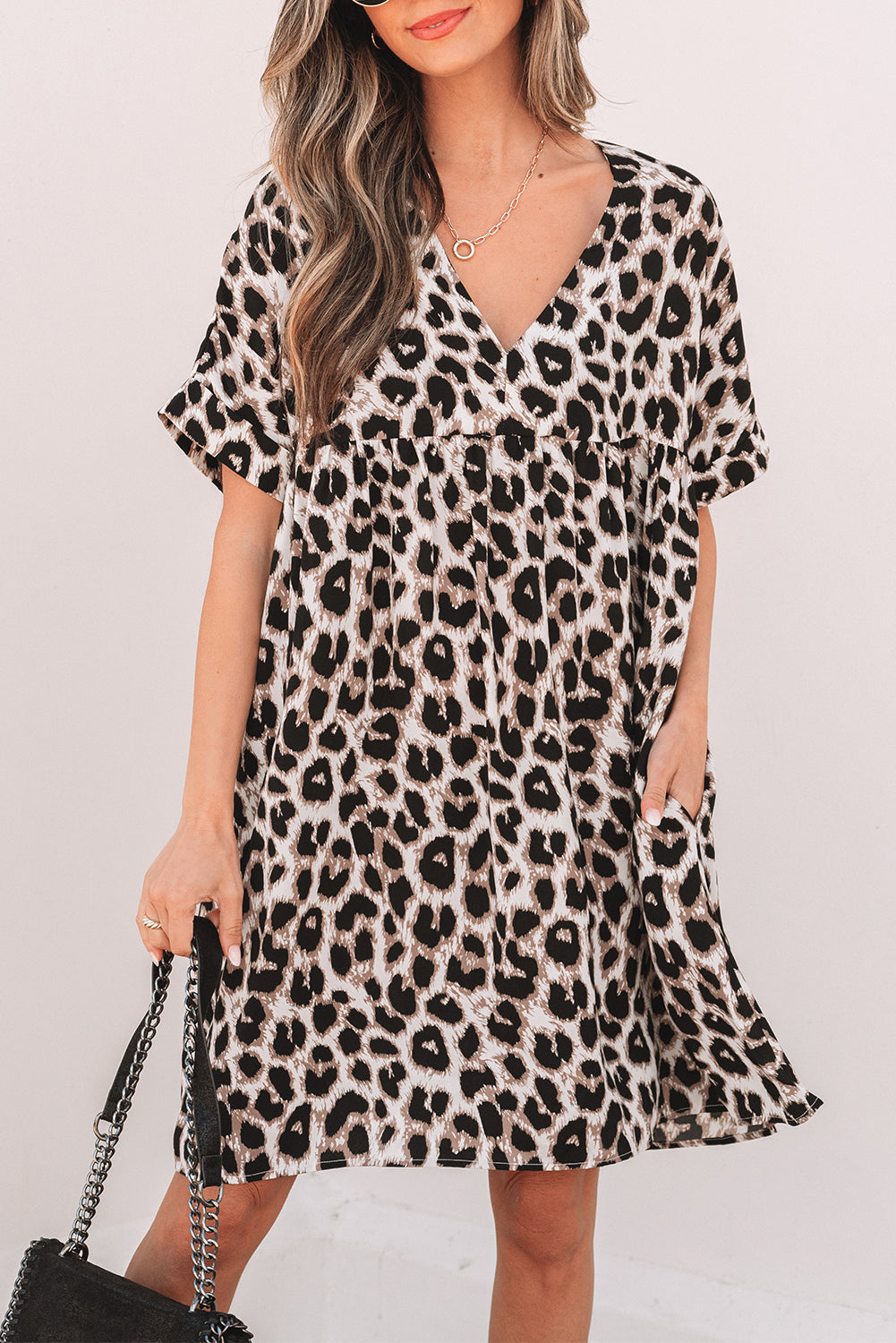 Cheetah Print Backless V Neck Loose Fit Mini Dress