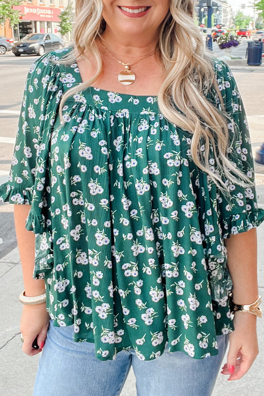 Floral Print Square Neck Ruffled Trim Plus Size Blouse