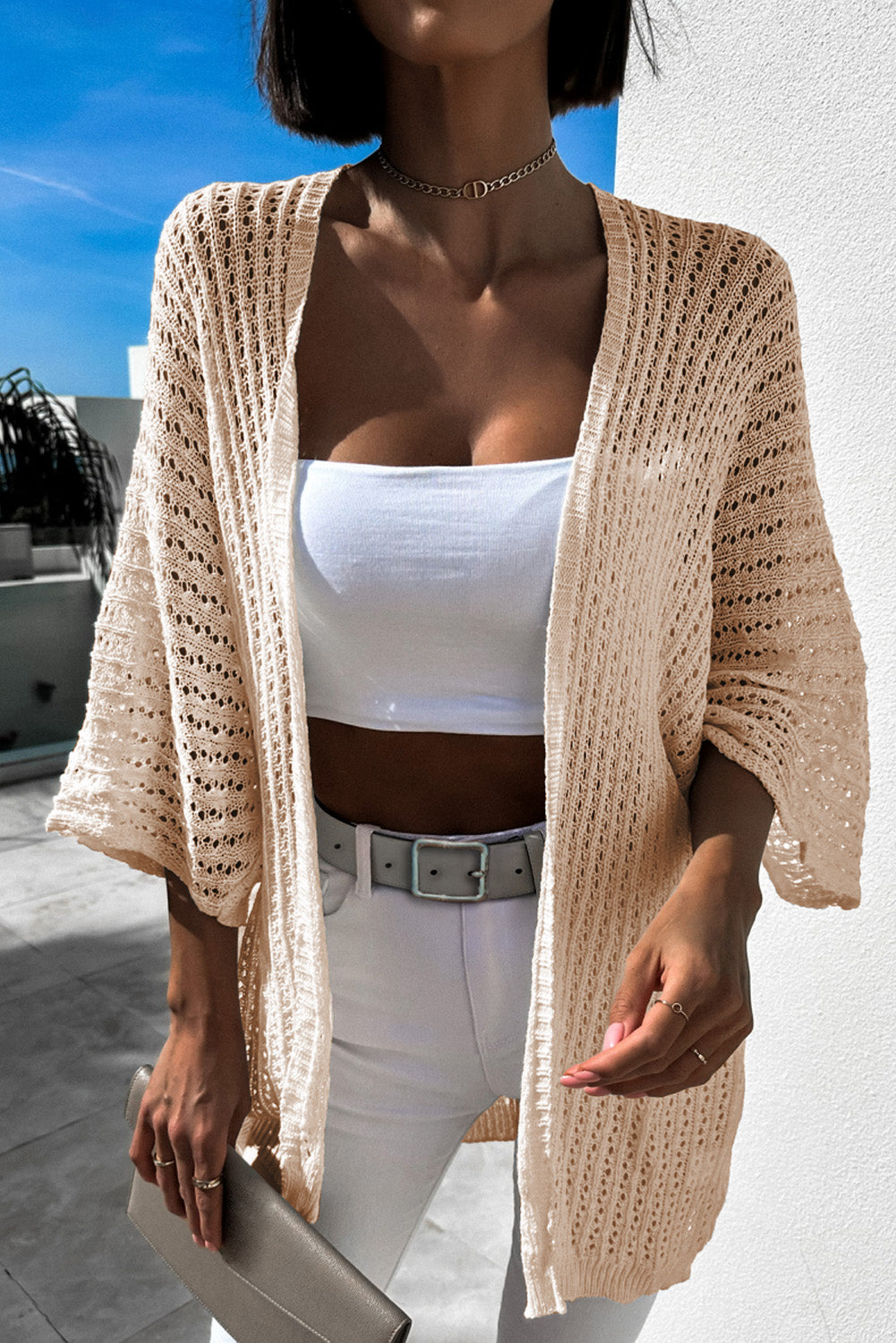 Hollow-out Bracelet Sleeve Knit Cardigan