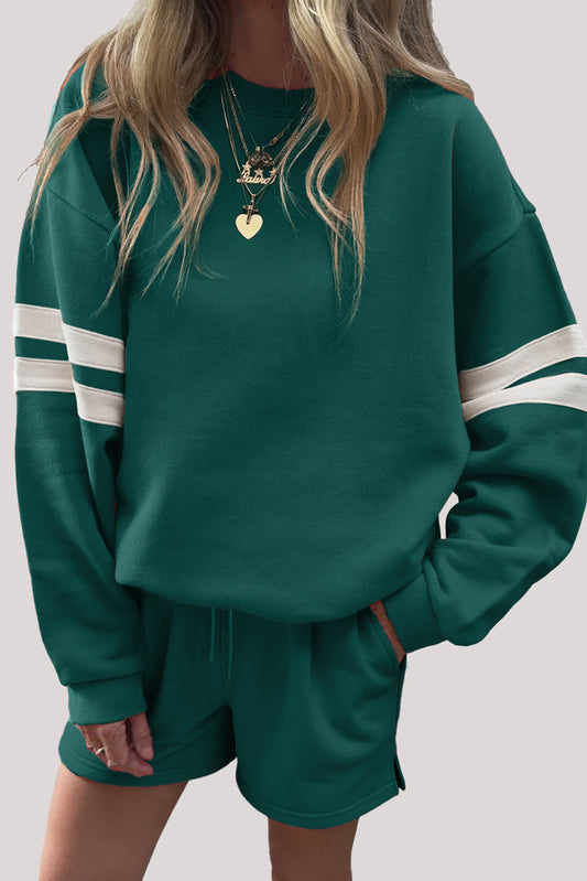 Varsity Striped Sleeve Drop Shoulder Sweatshirt and Short Set