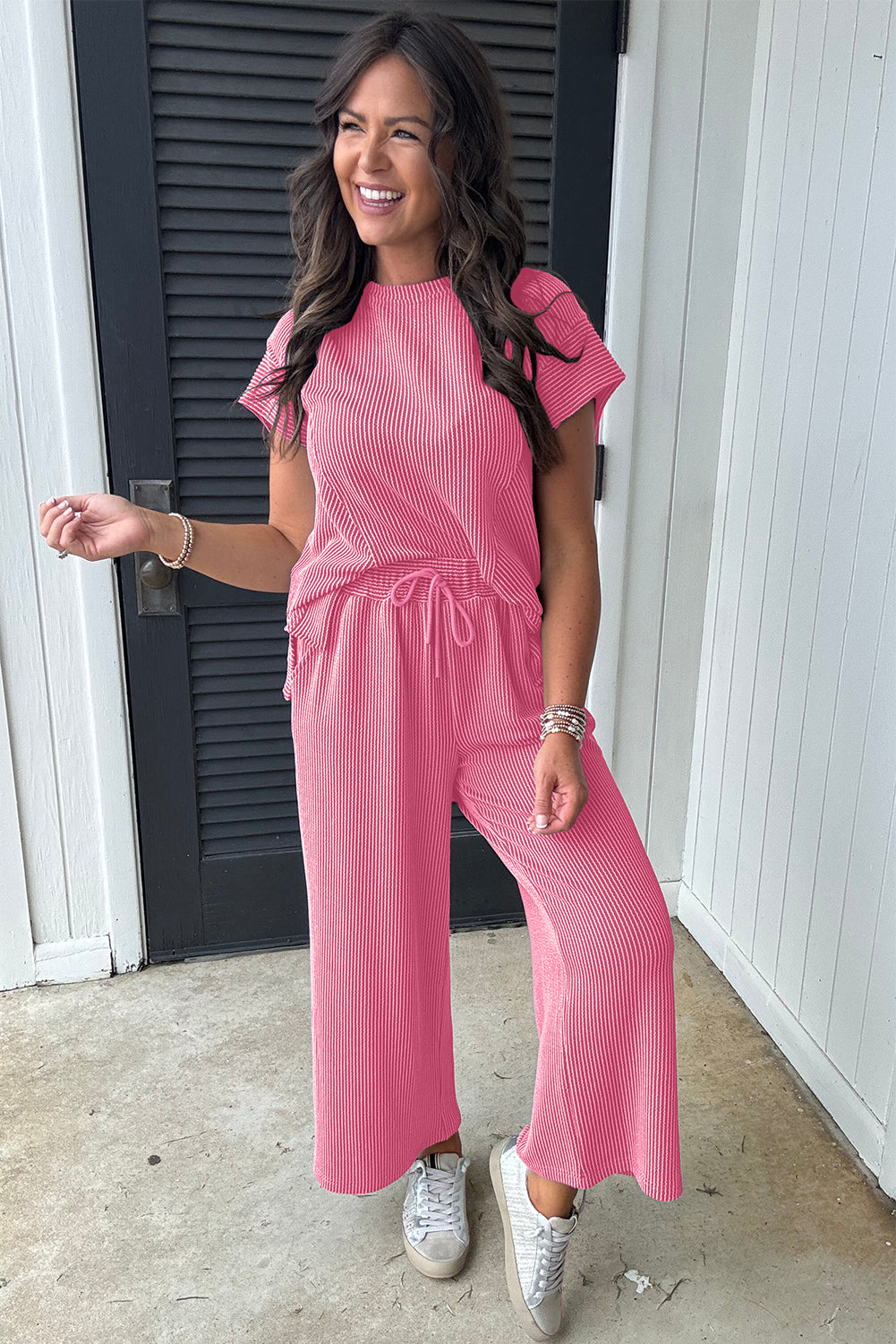 Solid Corded Knit Short Sleeve T Shirt and Wide Leg Pants Set