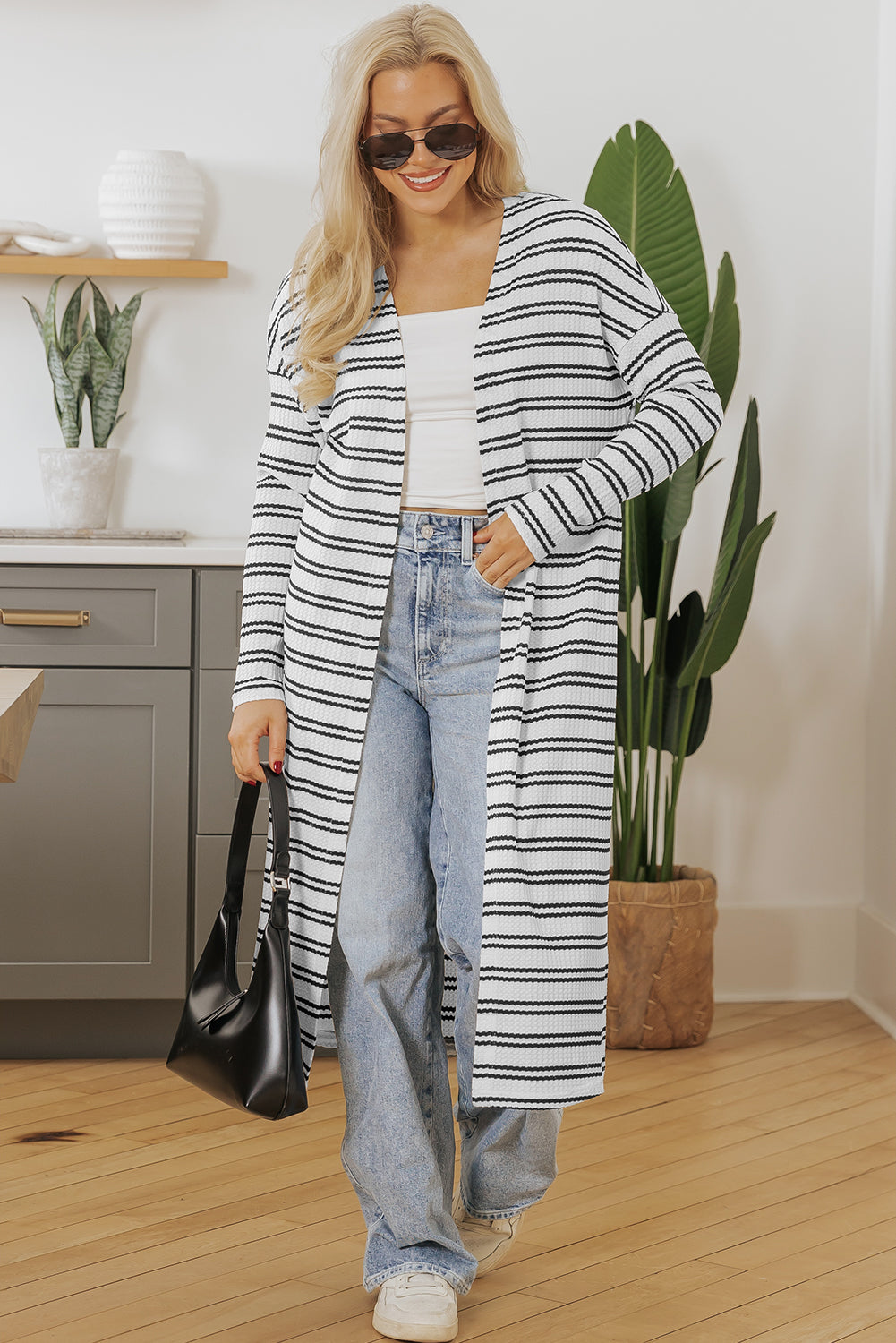 Stripe Print Open Front Duster Cardigan