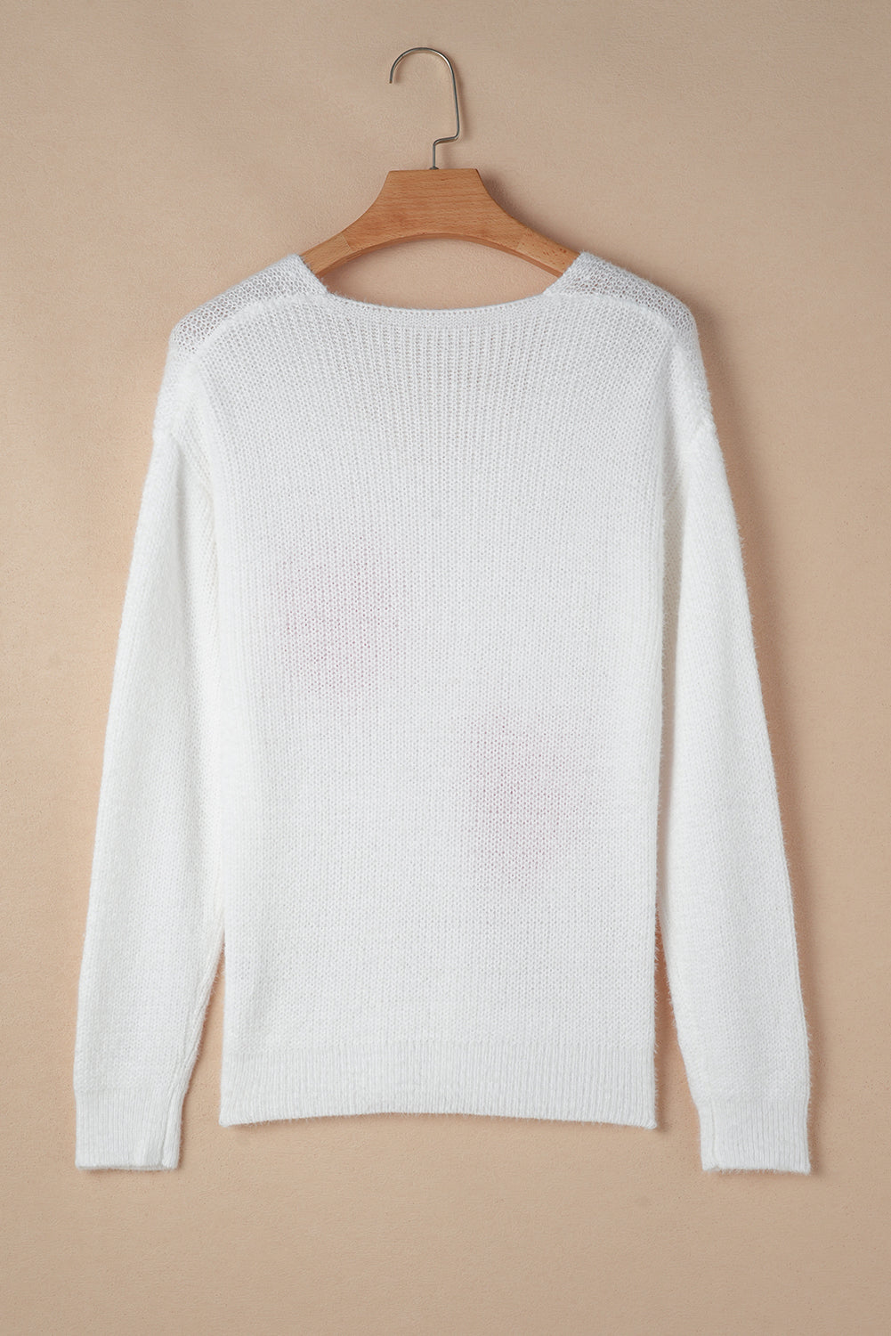 Pearl Beaded Heart Pattern Fuzzy V Neck Sweater