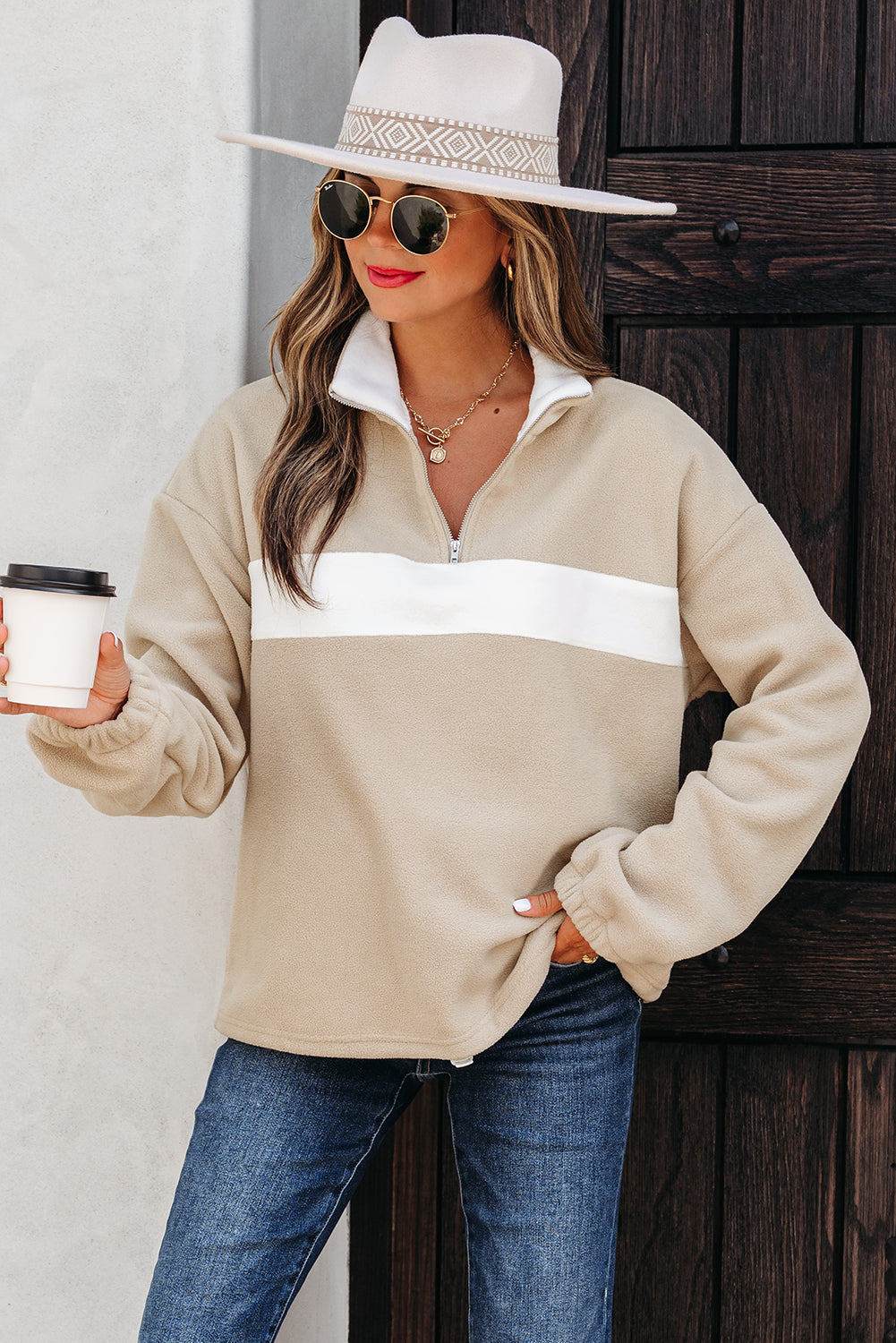 Fleece Colorblock Patchwork Zipped Neck Pullover Sweatshirt