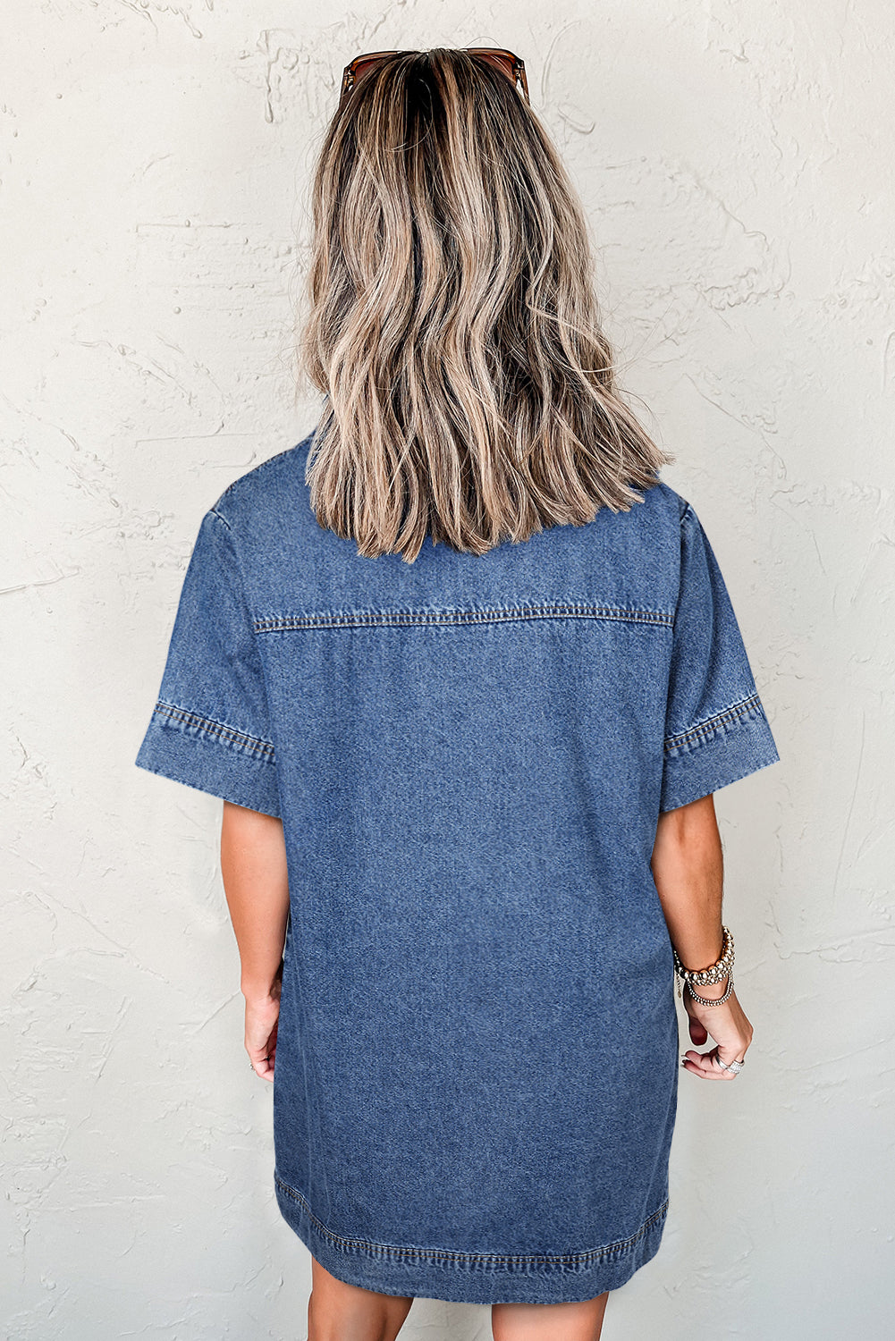 Short Sleeve Collared Patched Pocket Denim Mini Dress