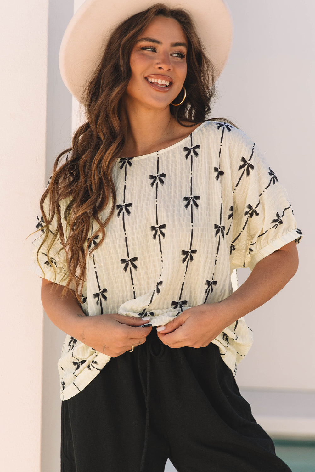 Bow Print Puff Short Sleeve Top