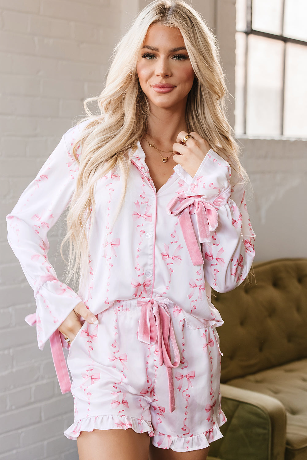 Satin Bow Bell Sleeve Shirt and Ruffled Shorts Pajama Set