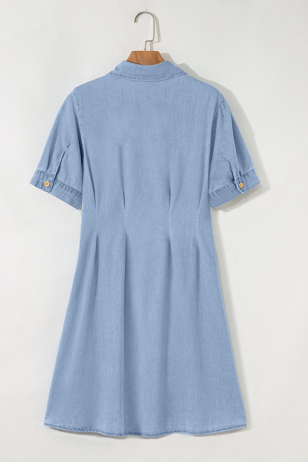 Denim Pleated Slim Waist Short Sleeve Shirt Dress