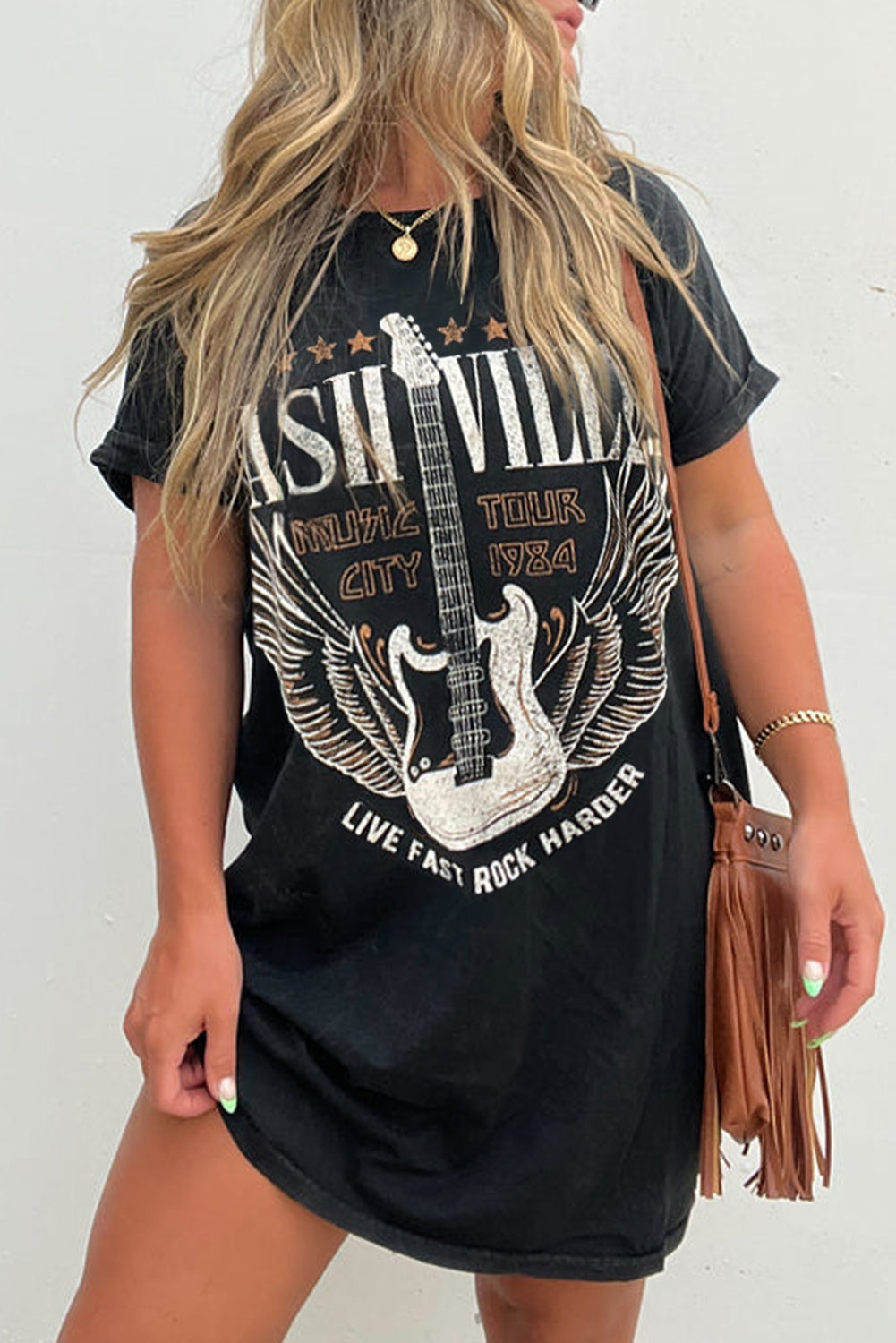 Nashville Guitar Print Crew Neck T Shirt Mini Dress