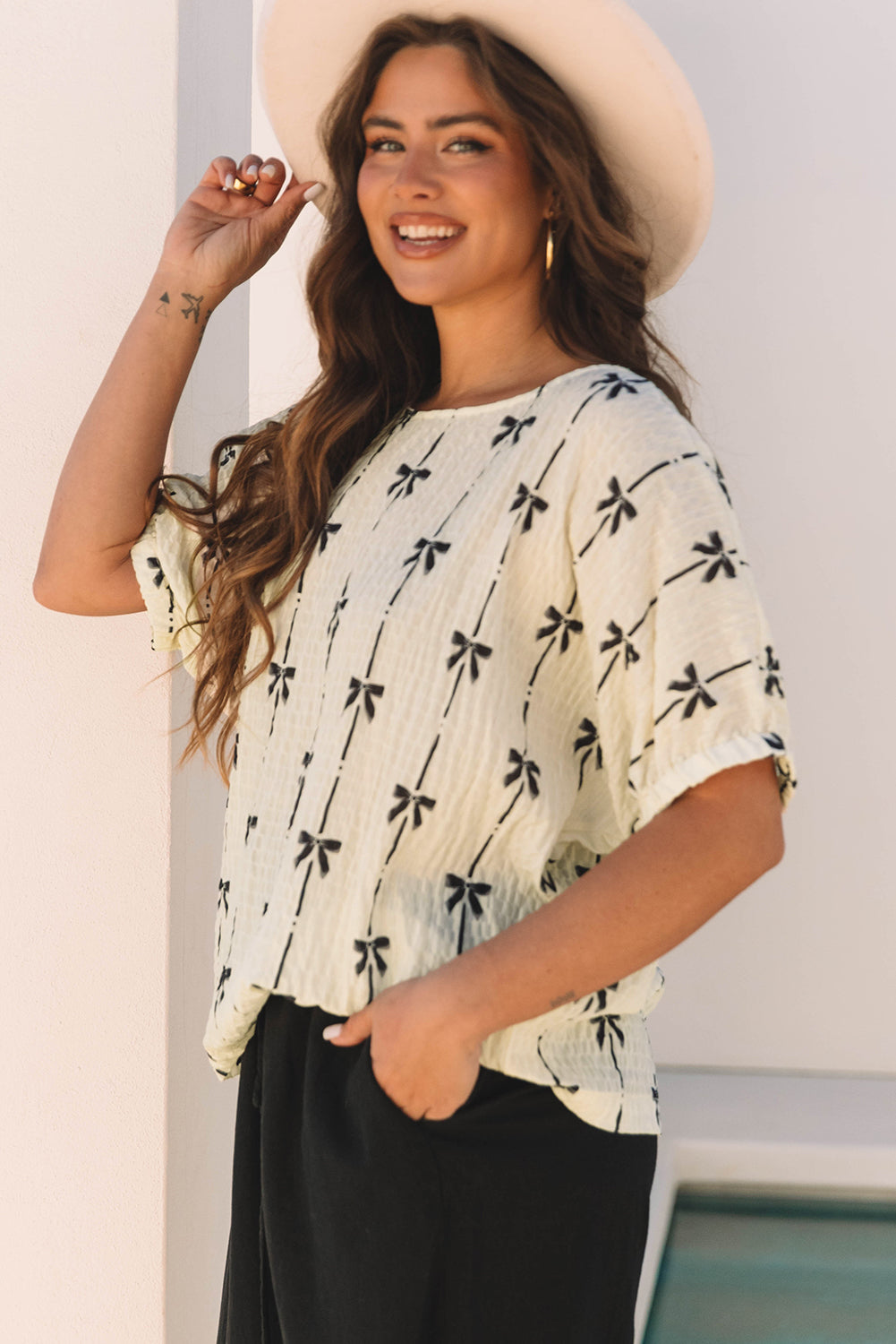 Bow Print Puff Short Sleeve Top