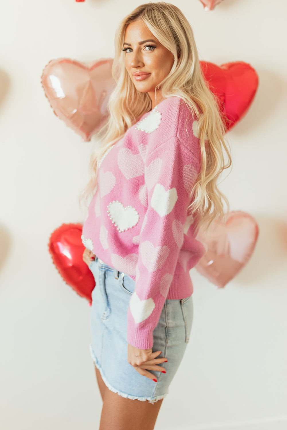 Pearled Heart Print Valentines Crew Neck Sweater