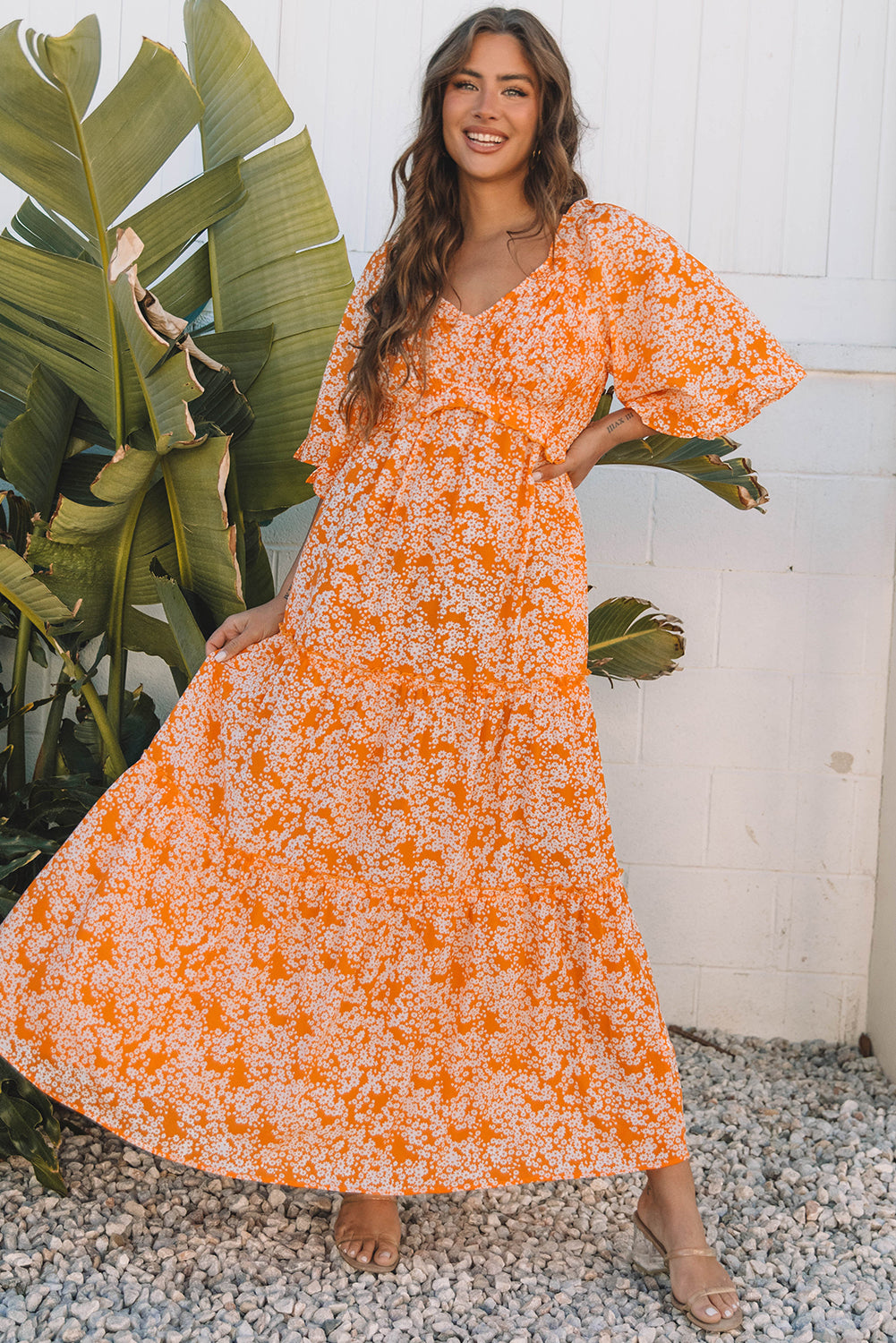 Floral Print Smocked V Neck Wide Sleeve Maxi Dress