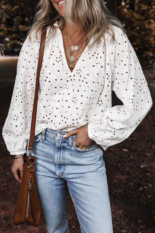 Eyelet Embroidered Puff Sleeve V Neck Blouse