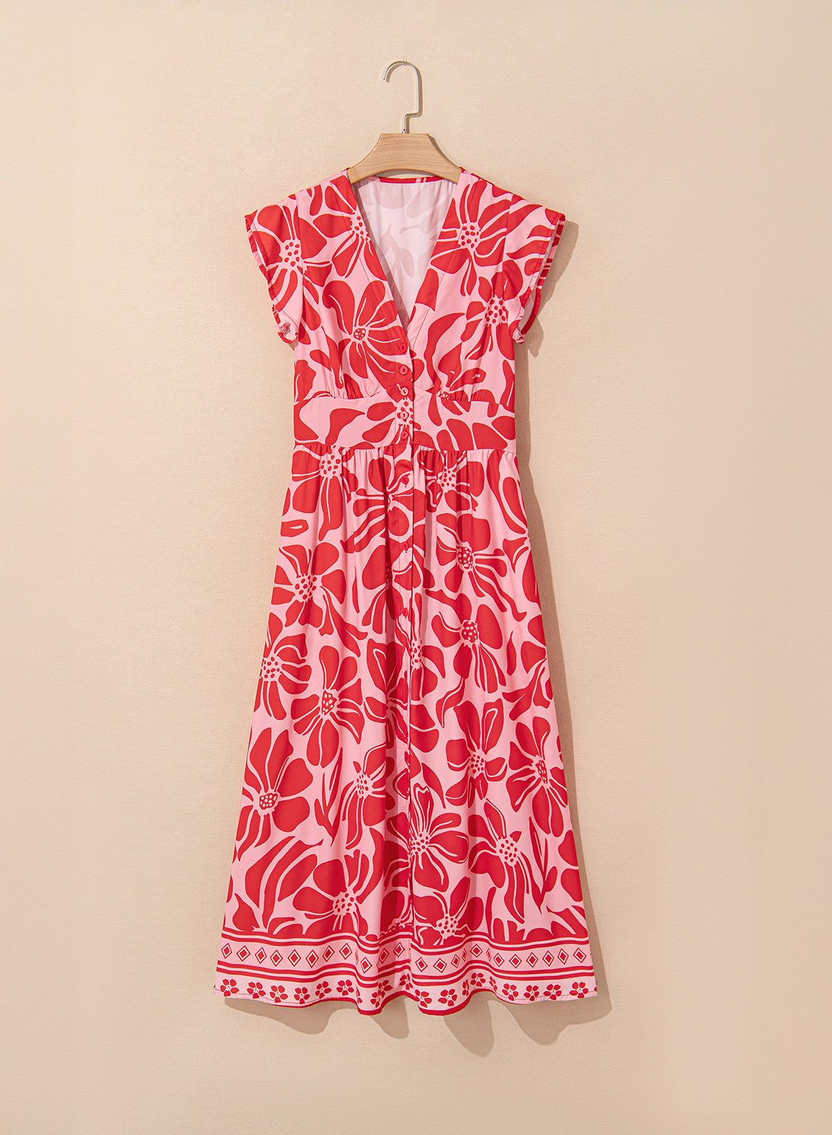 Boho Floral Short Sleeve V Neck Buttoned Shirred Waist Long Dress