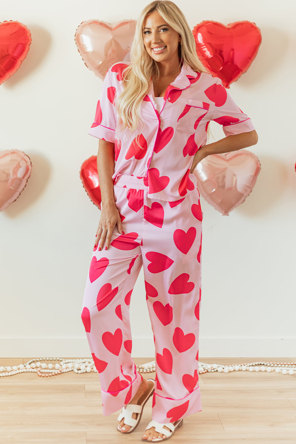 Classic Heart Valentines Short Sleeve Pants Pajamas Set