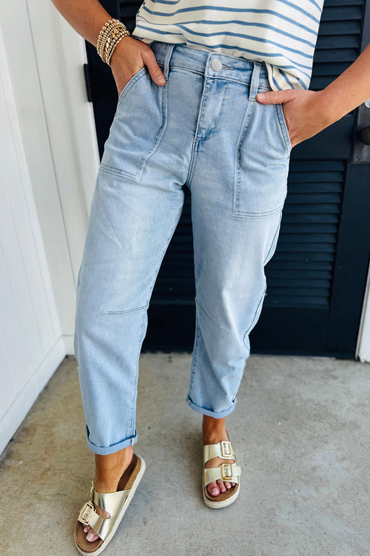 High Rise Barrel Relaxed Patch Pocket Jeans