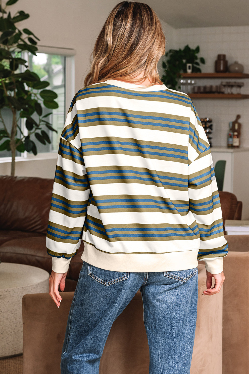 Stripe Crew Neck Drop Shoulder Pullover Sweatshirt