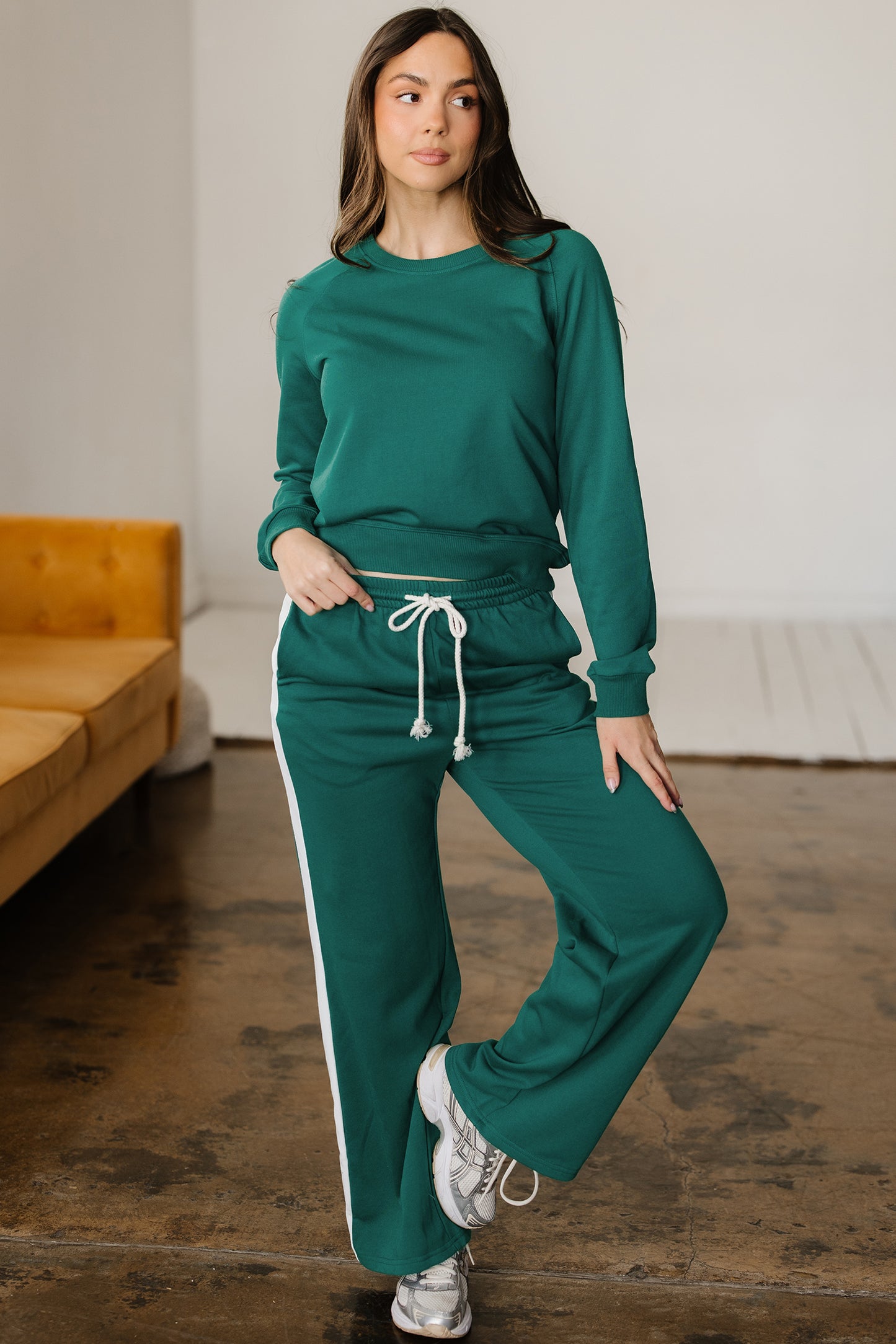 Solid Color Pullover Top Varsity Stripe Detail Loose Drawstring Pants Set