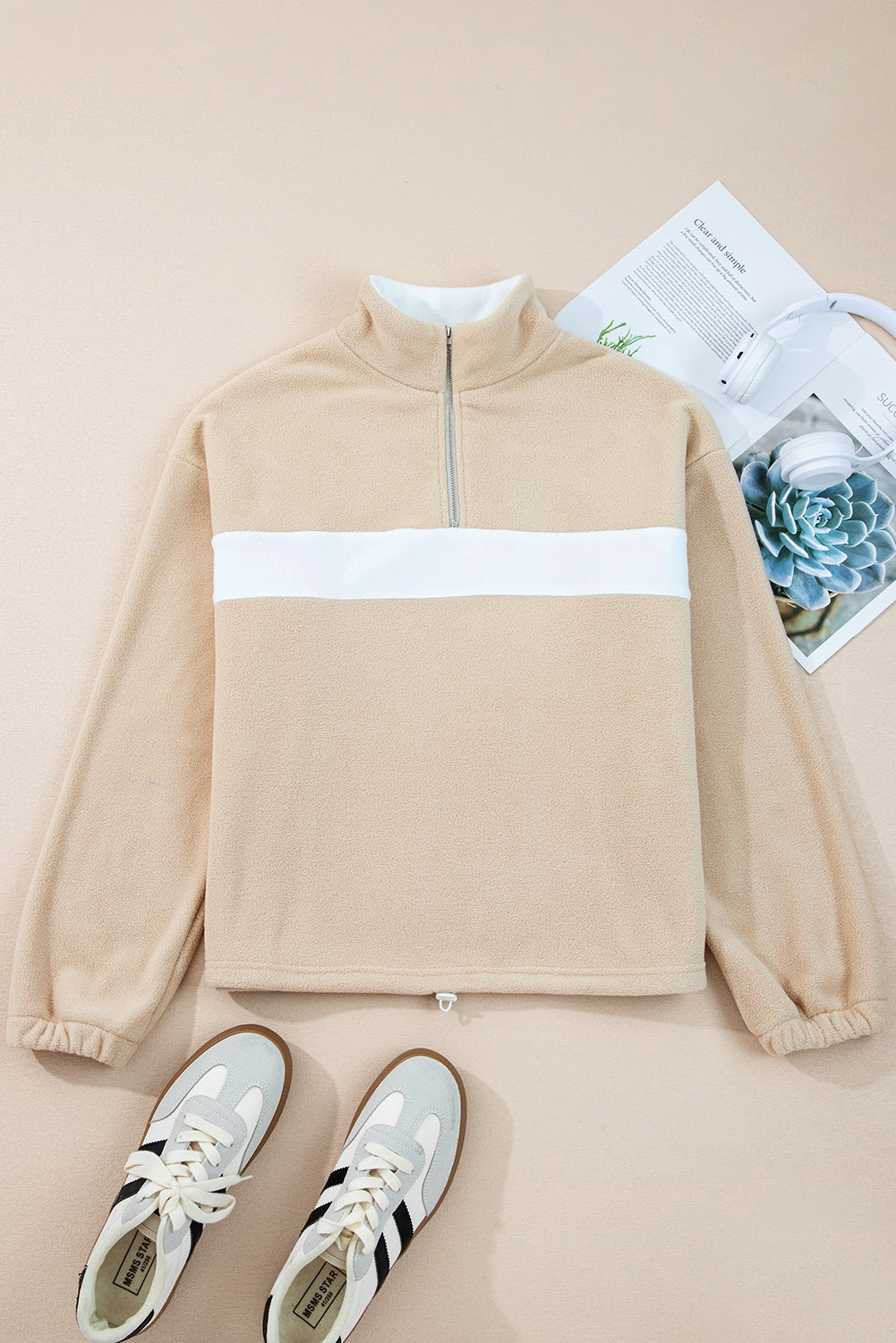 Fleece Colorblock Patchwork Zipped Neck Pullover Sweatshirt