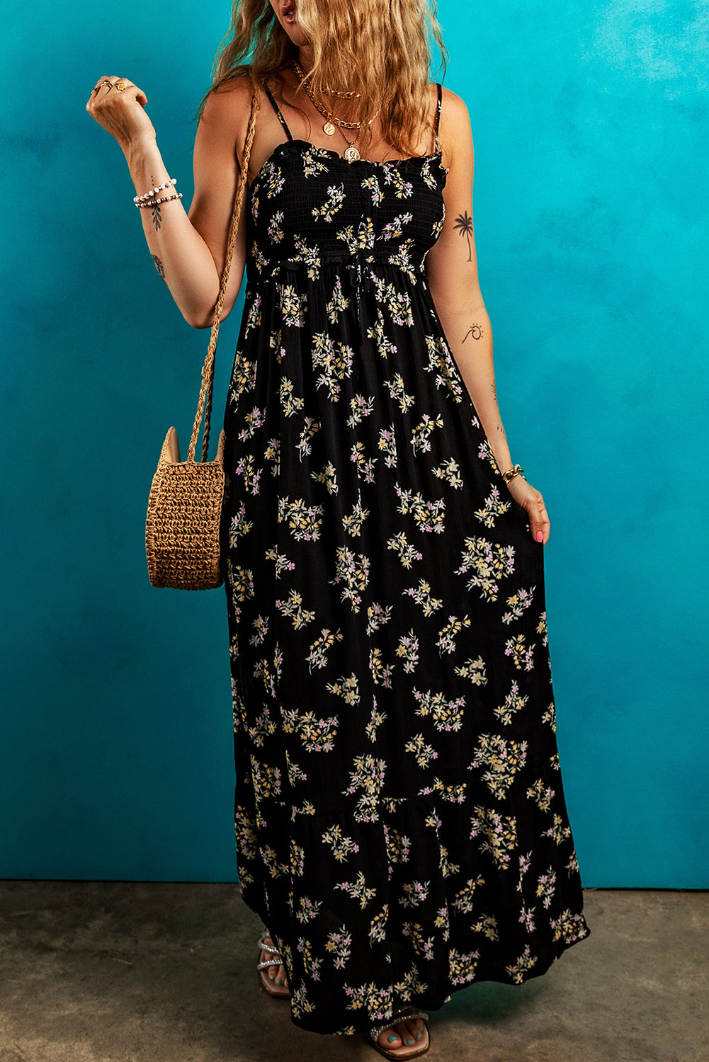 Floral Spaghetti Strap Shirred Bodice Tied Empire Waist Maxi Dress