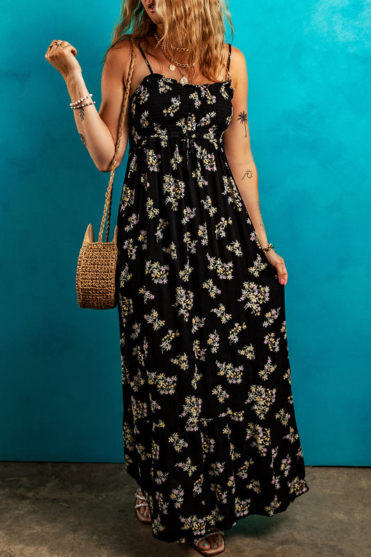 Floral Spaghetti Strap Shirred Bodice Tied Empire Waist Maxi Dress