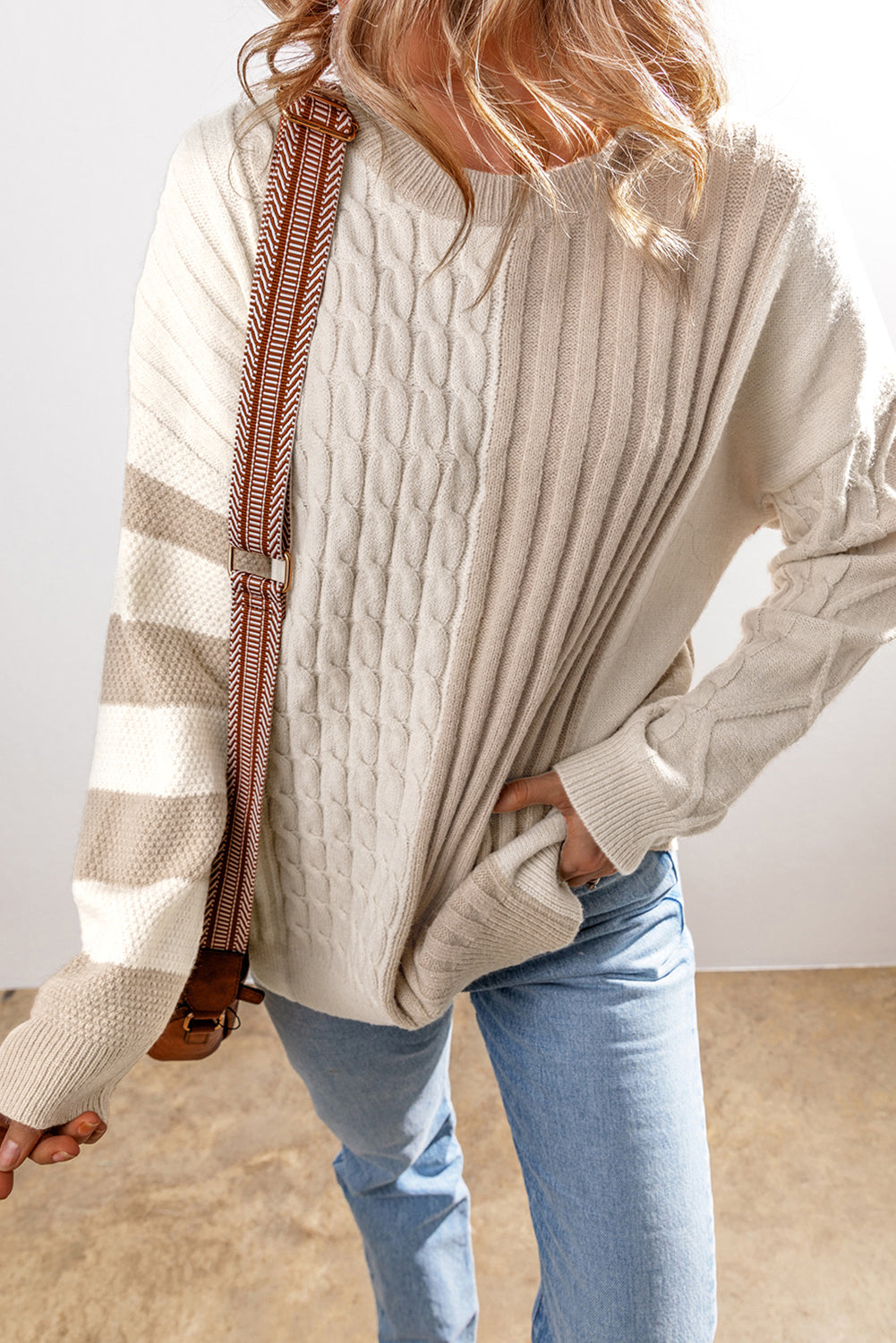 Cable Knit Colorblock Crew Neck Drop Shoulder Sweater