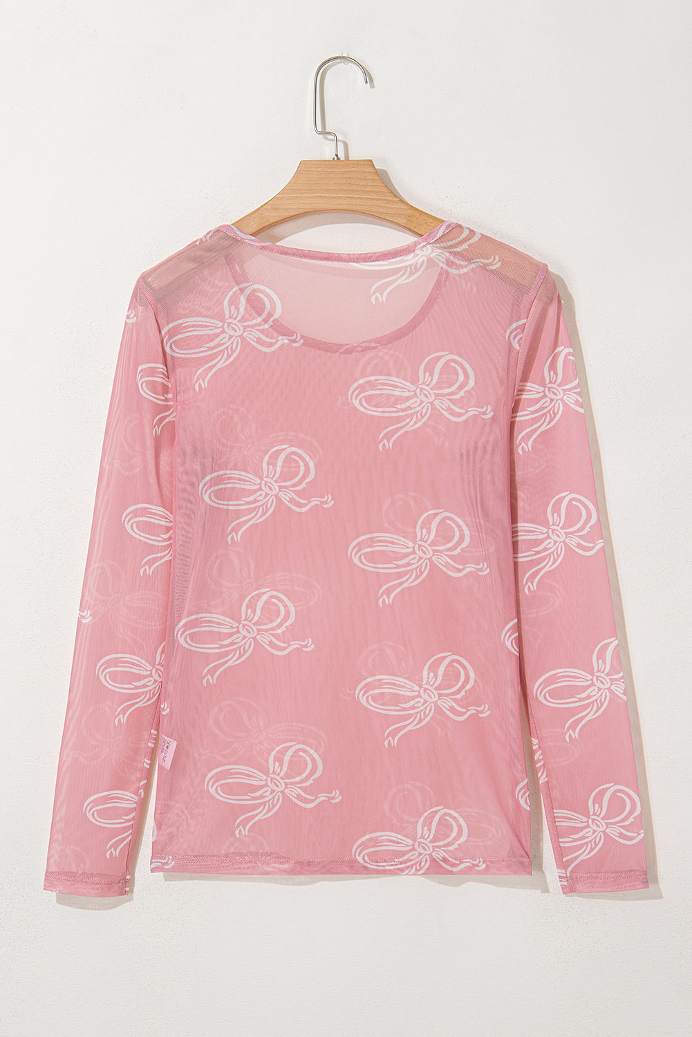 Round Neck Bow Print Long Sleeve Mesh Top