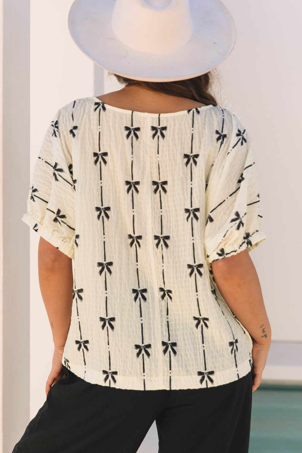 Bow Print Puff Short Sleeve Top