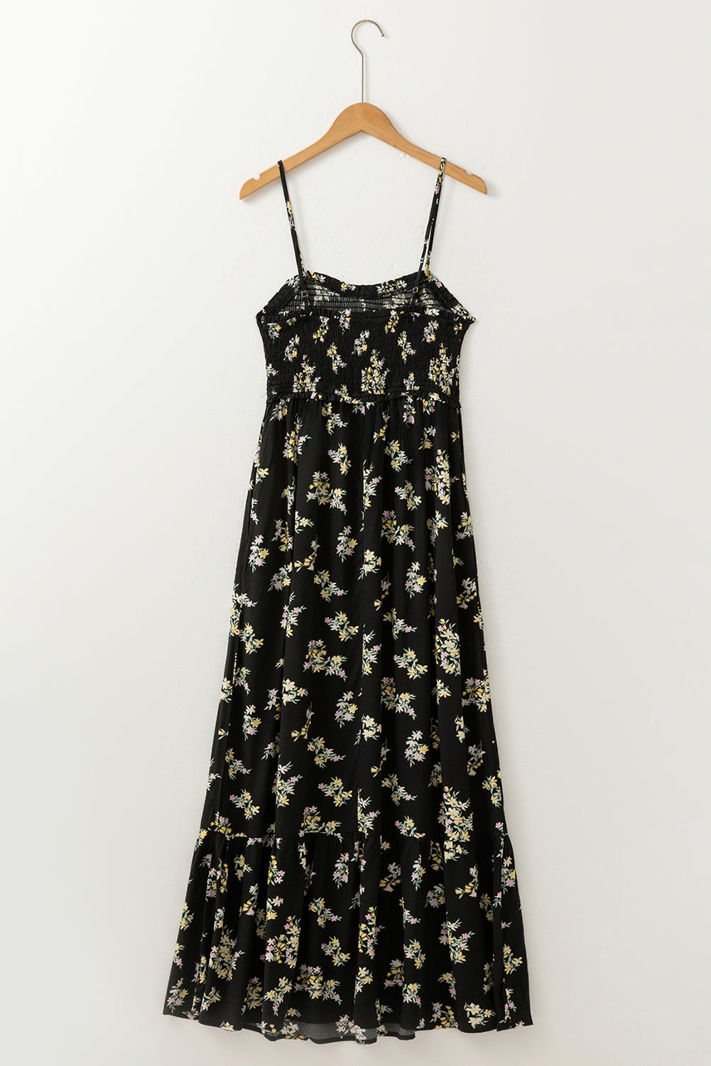 Floral Spaghetti Strap Shirred Bodice Tied Empire Waist Maxi Dress