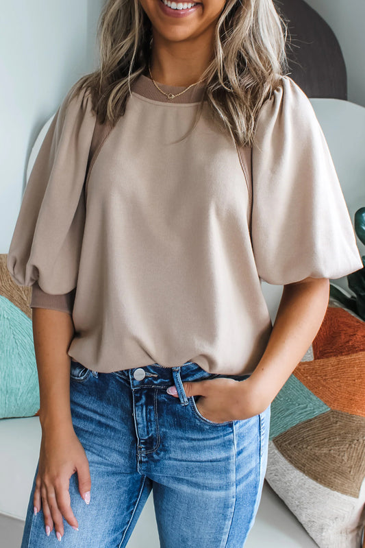 Half Lantern Sleeve Solid Colour Pullover Top