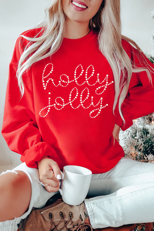 Christmas holly jolly Ceramic Rhinestone Letter Graphic Sweatshirt